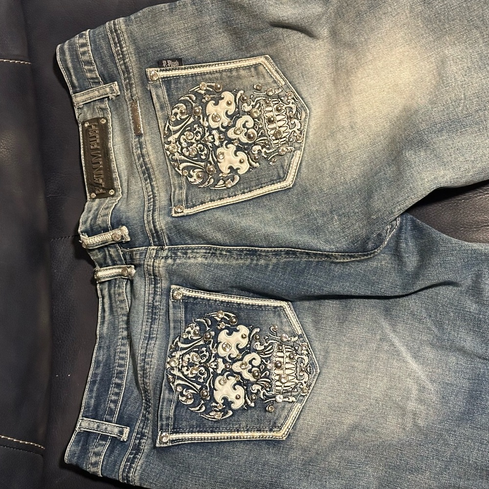 Stylish Biker Platinum Plush Flare Blue Jeans Embroidered & Dazzled Designs